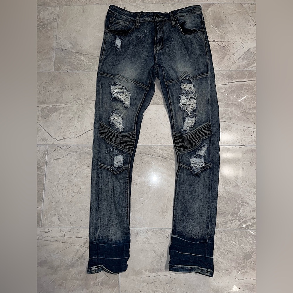 Rue 21 Supreme Flex Blue Distressed Moto Skinny Jeans